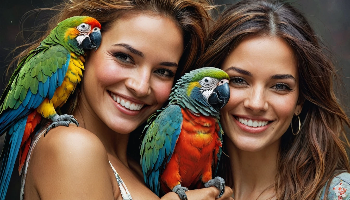 half body,
a woman smile with her best friend her parrot,
dark complex background, style by Thomas Kinkade+David A. Hardy+Carne Griffiths+Mandy Disher half vivid colors fine art, best quality, high detailed, detailed faces, 2d,
