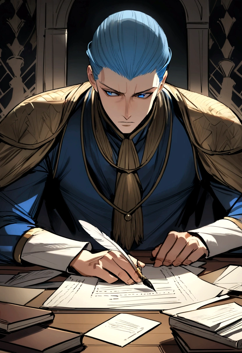 A meticulously organized desk with documents and a quill pen, while a 17 year old boy writes a letter,Game of Thrones,boy is tall and has short hair, blue colored eyes, dark expression, usa pretoe dourado, famously portrayed by Charles Dance, mascle
