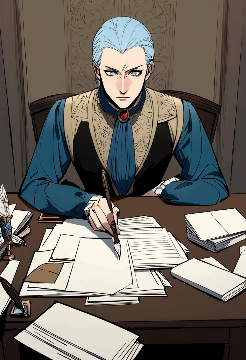 A meticulously organized desk with documents and a quill pen, while a 17 year old boy writes a letter,Game of Thrones,boy is tall and has short hair, blue colored eyes, dark expression, usa pretoe dourado, famously portrayed by Charles Dance, mascle