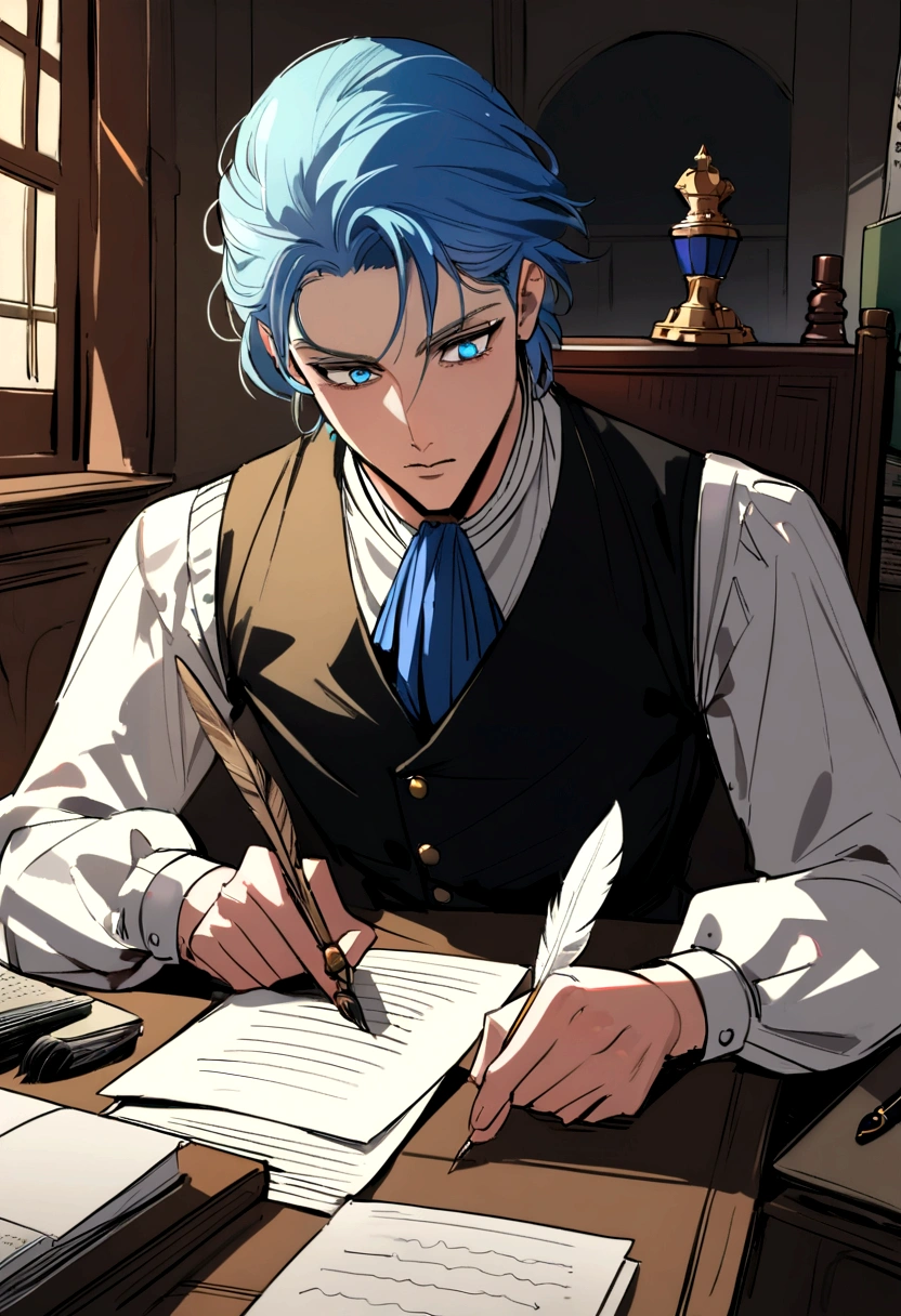 A meticulously organized desk with documents and a quill pen, while a  boy writes a letter,Game of Thrones,boy is tall and has short hair, blue colored eyes, dark expression, usa pretoe dourado, famously portrayed by Charles Dance, mascle