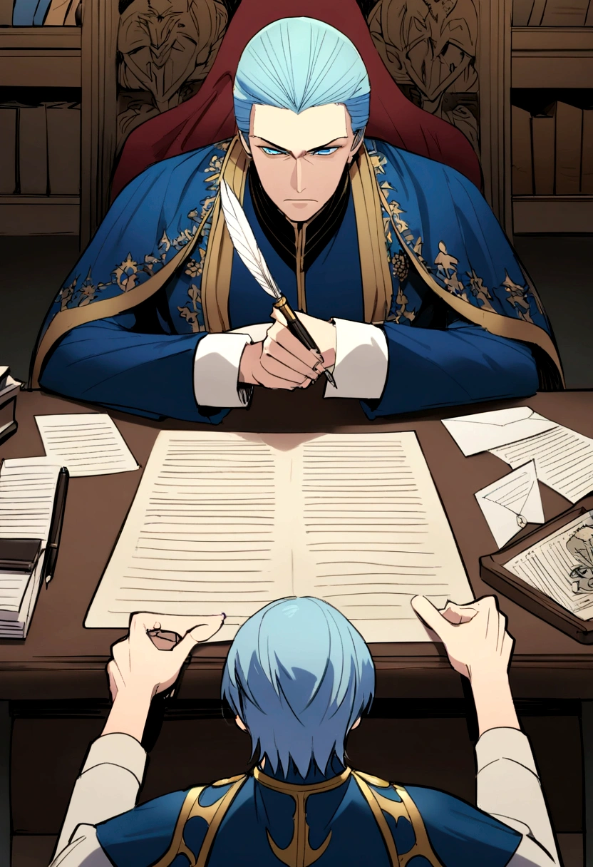 A meticulously organized desk with documents and a quill pen, while a 17 year old boy writes a letter,Game of Thrones,boy is tall and has short hair, blue colored eyes, dark expression, usa pretoe dourado, famously portrayed by Charles Dance, mascle