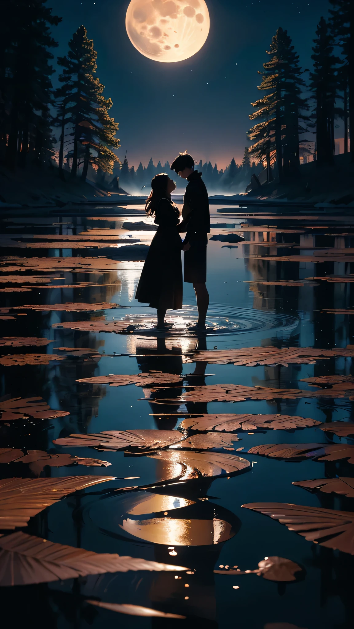First Job, Better Quality, Super detailed, figure, Lovers holding hands under the moonlight, Full moon in a dark sky, alone, Outdoor, camp, night, Mountain, nature, performer, two, Bonfire, forest, stone, Riu, wood, Smoke rising, Shadow, contrast, The sky is clear, constellation, peaceful, serene, still, quiet, remote, isolated, endure, resistance, resistance, observation, Intuition, Capacity to adapt, creativity, imagine, Until then, Inspiration, beauty, lament, wonder, grateful, grateful, relaxation, joy, Rejuvenation, Mindfulness , consciousness, connection, Harmony, balance, texture, detailed, Realism, depth, perspective, synthesis, collar, Light, Shadow, reflection, refraction, tom, contrast, The initial plan, half period, end, naturalist, Figurative, Representative, Impressionism, Expressionist, Abstract, innovative, experimental, only, big two full