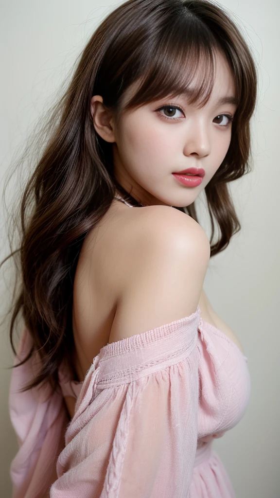 Canon RF85mmf/1.2,masterpiece,Highest quality,Ultra-high resolution,VC,1 Girl,(Korean mixed race,K-Pop Idols:1.2),alone,white_Shiny_skin,Iris,necklace,((brown_length_Wavy_hair)),((pink_Shiny_lips)),eyelash,前hair,make,compensate,Shiny,pore,skin texture,bracelet,Off the shoulder,See-through,Big Breasts, in front「Ayesha」It is written