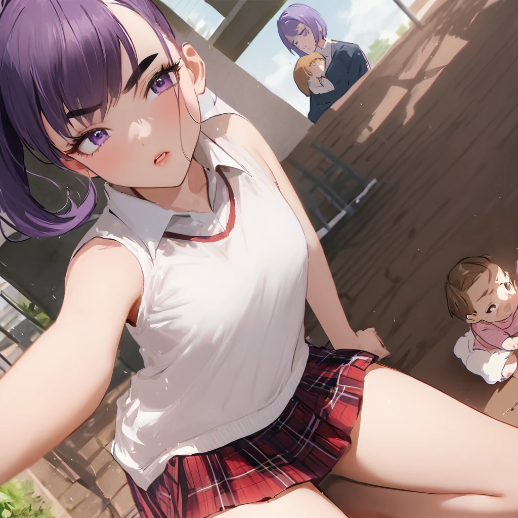 work of art, best qualityer, extremely detaild,dutch angle, アニメ,Suéter schoolyardr grande、plaid plaid skirt,skin tanned,15year old ,dark skin tiny body,smallbreast,baby face,hand between legs,break,multicolored dark purple hair,side ponytail,short hair with long highlights,break,Eyes red,thick eyebrow,unexpressive,Detailed lips,False eyelashes,break,red cotton ribbon,break,break,microskirt,break,schoolyard