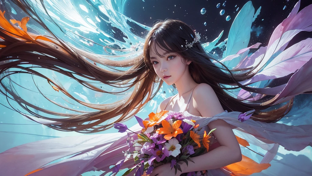 32k, Masterpiece, Highest quality, One girl, Detailed eyes, flower,Alstroemeria, White and orange style,A dreamy, romantic piece,Pale purple, Mysterious Leaves,A playful arrangement,Fantasy,High Contrast,Ink strokes,explosion,Exposure, Impression of white and orange tones,Abstract,((Watercolours by John Berkey and Jeremy Mann )) Brush strokes,Negative Space, Tyndall effect,