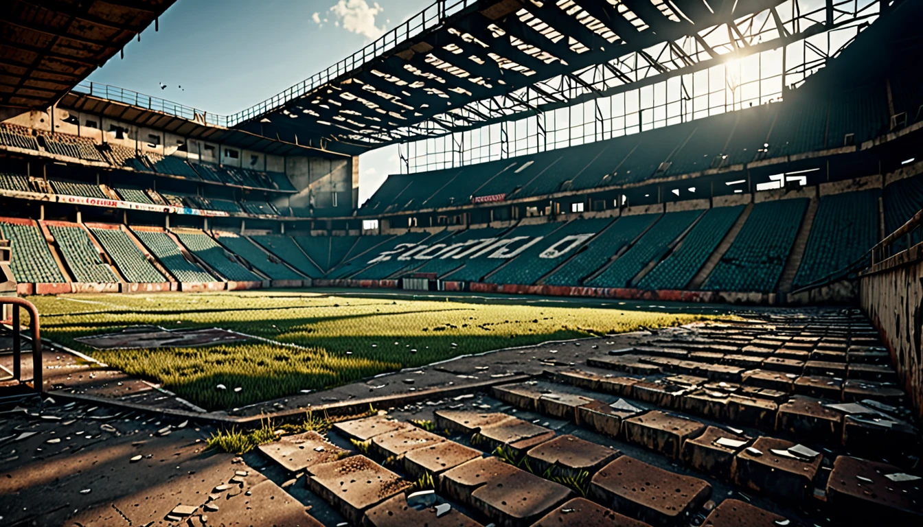 A ruined football stadium with a few supporters, highly detailed, realistic, photorealistic, cinematic lighting, dramatic composition, dynamic camera angle, gritty and weathered textures, moody color palette, evocative atmosphere, beautiful volumetric lighting, dramatic shadows, cinematic depth of field, ultra-detailed, 8k, best quality, masterpiece, symetrical