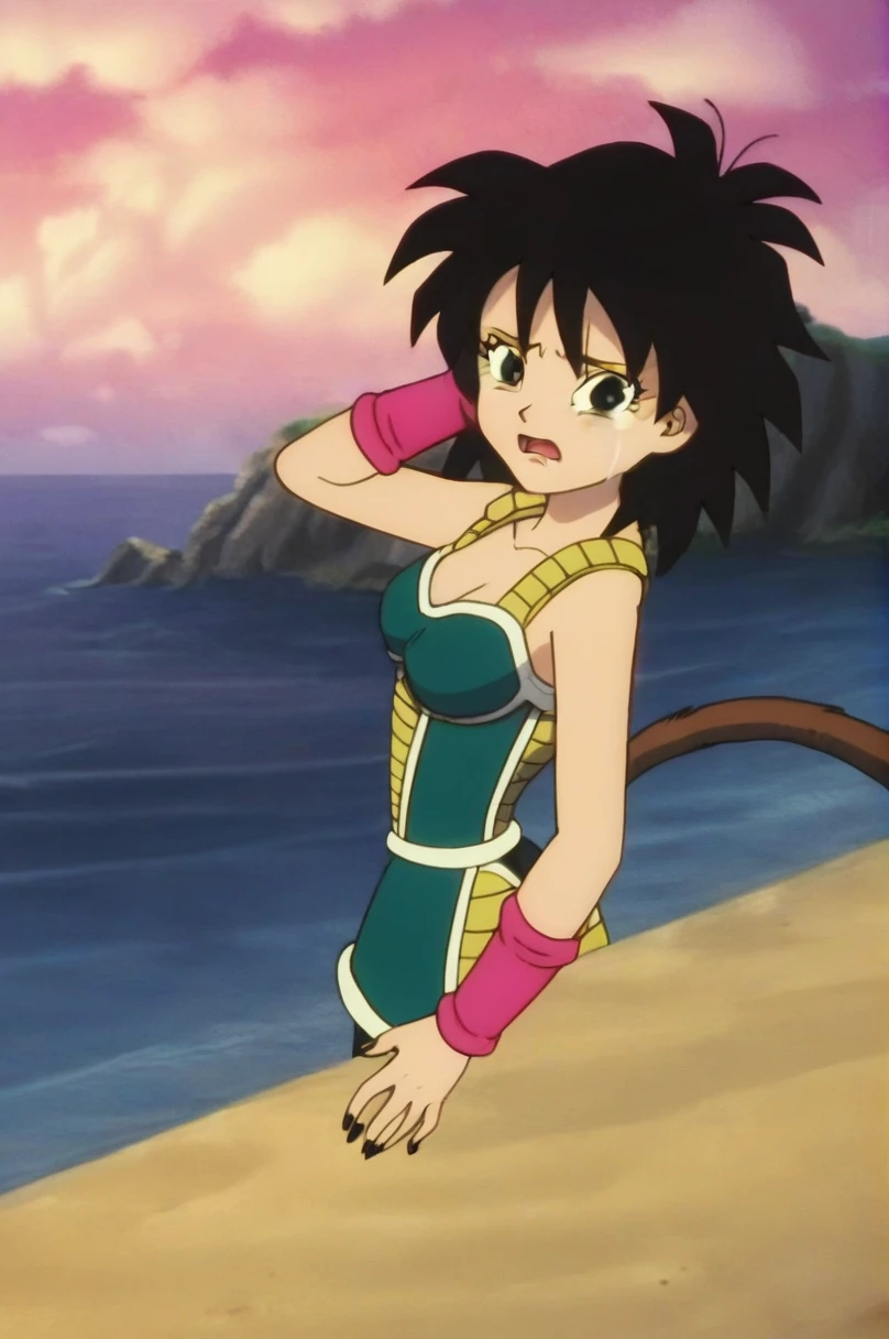 fountain_cheered up, score_9,score_8_above, score_7_above, ginedb, cheered up screencap,
1 girl, Alone, old, looking at the viewer, Open mouth, evening, black fur, sand, bare shoulders, medium old, clavicle, aboveper body, dientes, black eyes, tearing above, nails, eyelashes, pink wristband, d:, saiyajin armadura, green skirt, Eyebrows, green saiyajin armadura, Moonlight, sexy butt, nails color piel