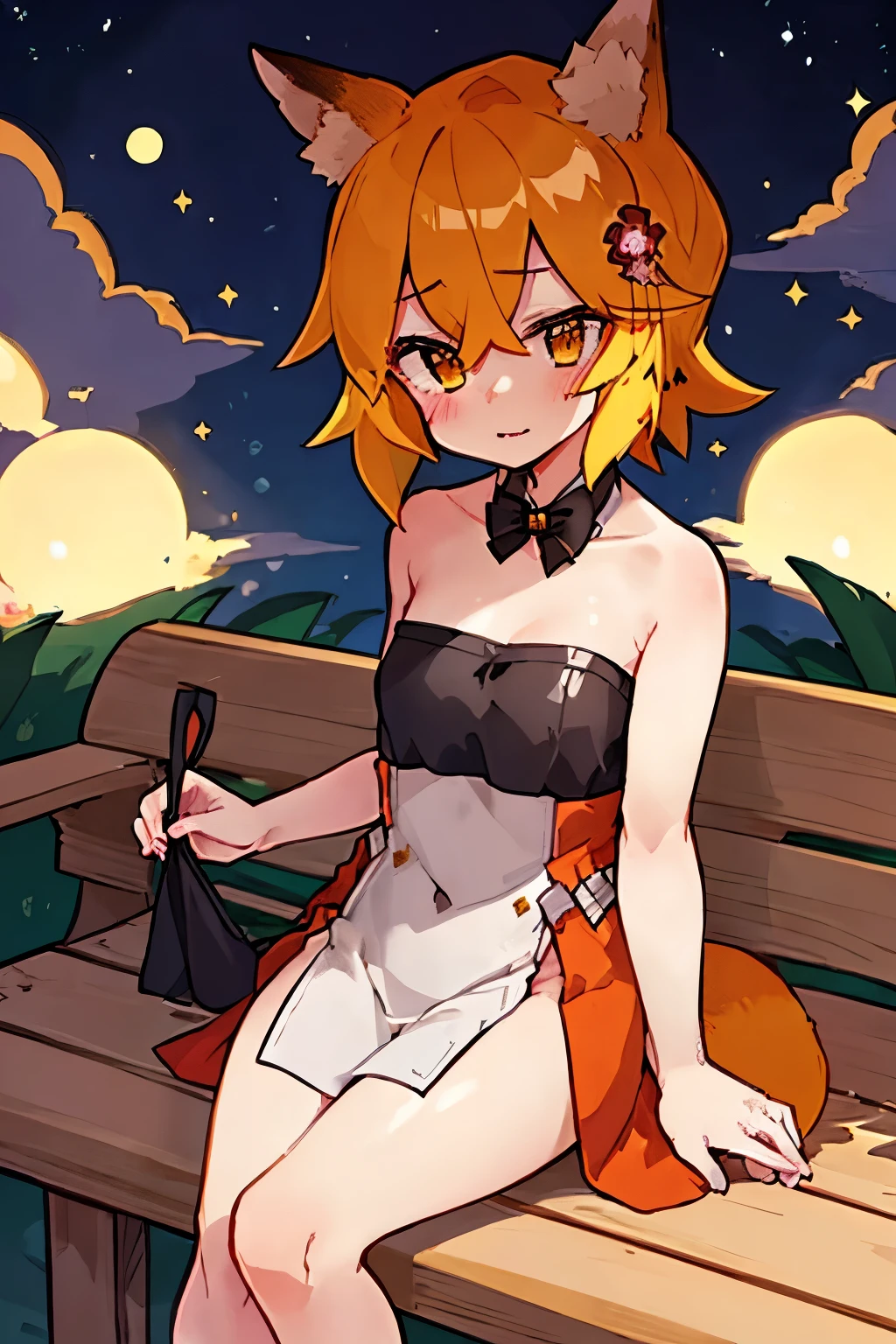 masterpiece, best quality, highly detailed, sen, animal ears, fox ears, fox girl, fox tail, hair flower, hair ornament, orange eyes, orange hair, short hair, tail, blush, looking at viewer, , girl, small breasts, detailed hands, keqing (opulent splendor) (genshin impact), official alternate costume, dress, night, strapless dress, looking at viewer, cleavage, black dress, strapless, bare shoulders, bangs, bow, detached collar, ribbon, double bun, two-tone dress, hair ornament, black bow, hair ribbon, blue dress, bowtie, sitting on bench