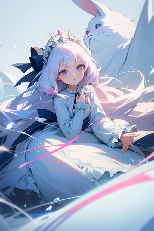 Long white hair straight。Young Girl。Lady。Droopy eyes and ephemeral appearance、Ice blue and pink odd eyes。A princess with the ability to control snow。spirit。sacred、beautiful、cute。Pitiful。 Lolita Dresses。She loves rabbits。