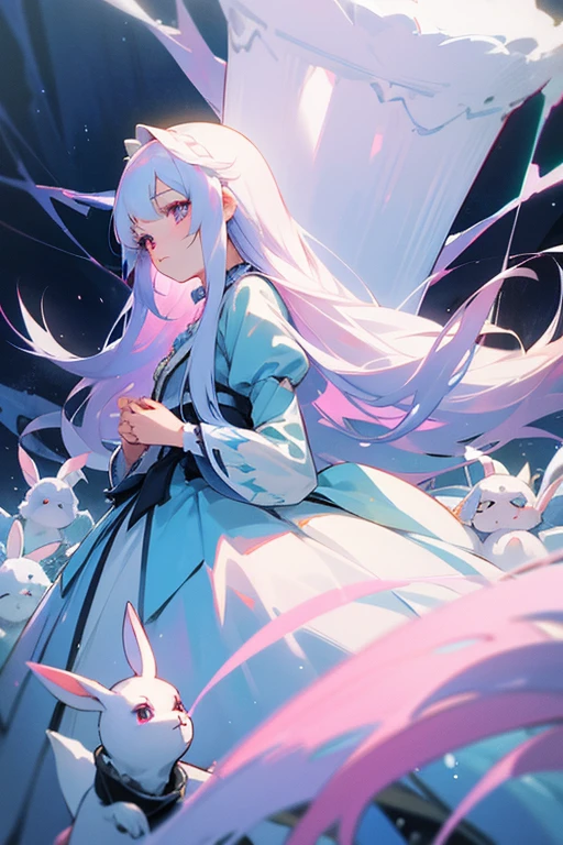 Long white hair straight。Young Girl。Lady。Droopy eyes and ephemeral appearance、Ice blue and pink odd eyes。A princess with the ability to control snow。spirit。sacred、beautiful、cute。Pitiful。 ta Dresses。She loves rabbits。