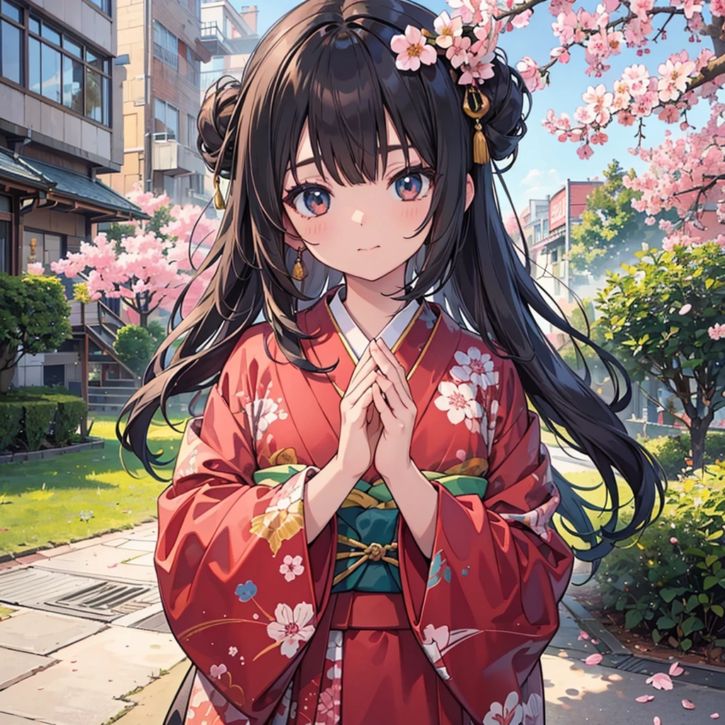 Official Art, wallpaper, Very detailed, (((Very detailedな目と顔))), shut your mouth, 1 Girl，Hands down，Medium shot，masterpiece, best quality, Realistic Portraits, (Zendispute, Mandala, dispute, Endispute), kimono, Very detailed, Dynamic Angle, The most beautiful form of chaos, elegant, Brutalist design, Vibrant colors, Romantic cherry blossoms，outdoor，Sunlight