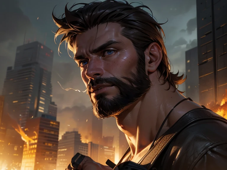 A man, 35 years old, shoulder length brown hair, blue eyes, 6'1" height, ruggedly good looking, muscular, has tattoos on his neck, has a nice beared. well kept.  city in ruins behind him, smoke and fire emitting from the buildings, (best quality,4k,8k,highres,masterpiece:1.2),ultra-detailed,(realistic, photorealistic,photo-realistic:1.37), hyperrealistic, dramatic lighting, cinematic, moody atmosphere, dystopian, apocalyptic. Close-up of face