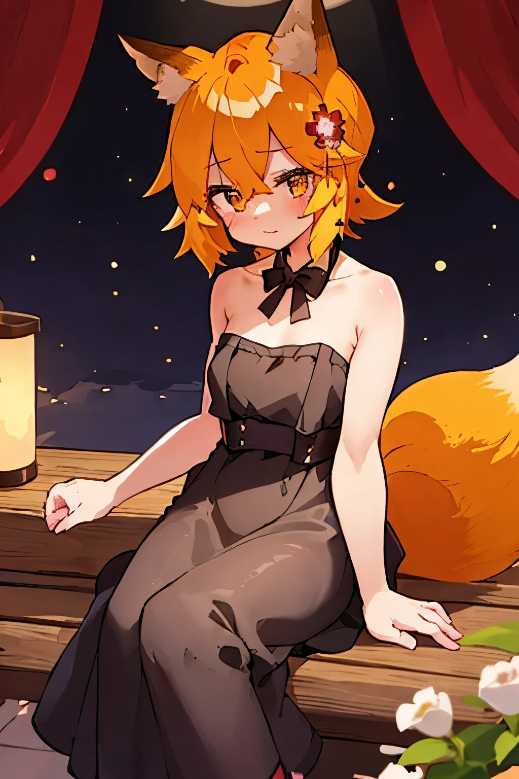 masterpiece, best quality, highly detailed, sen, animal ears, fox ears, fox girl, fox tail, hair flower, hair ornament, orange eyes, orange hair, short hair, tail, blush, looking at viewer, , girl, small , detailed hands, keqing (opulent splendor) (genshin impact), official alternate costume, dress, night, strapless dress, looking at viewer, , black dress, strapless,  shoulders, bangs, bow, detached collar, ribbon, double bun, two-tone dress, hair ornament, black bow, hair ribbon, blue dress, bowtie, sitting on bench