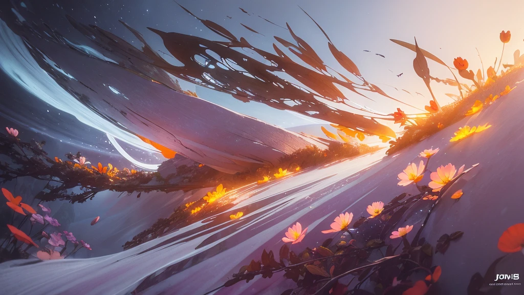 32k, Masterpiece, Highest quality, One girl, Detailed eyes, flower,Alstroemeria, White and orange style,A dreamy, romantic piece,Pale purple, Mysterious Leaves,A playful arrangement,Fantasy,High Contrast,Ink strokes,explosion,Exposure, Impression of white and orange tones,Abstract,((Watercolours by John Berkey and Jeremy Mann )) Brush strokes,Negative Space, Tyndall effect,