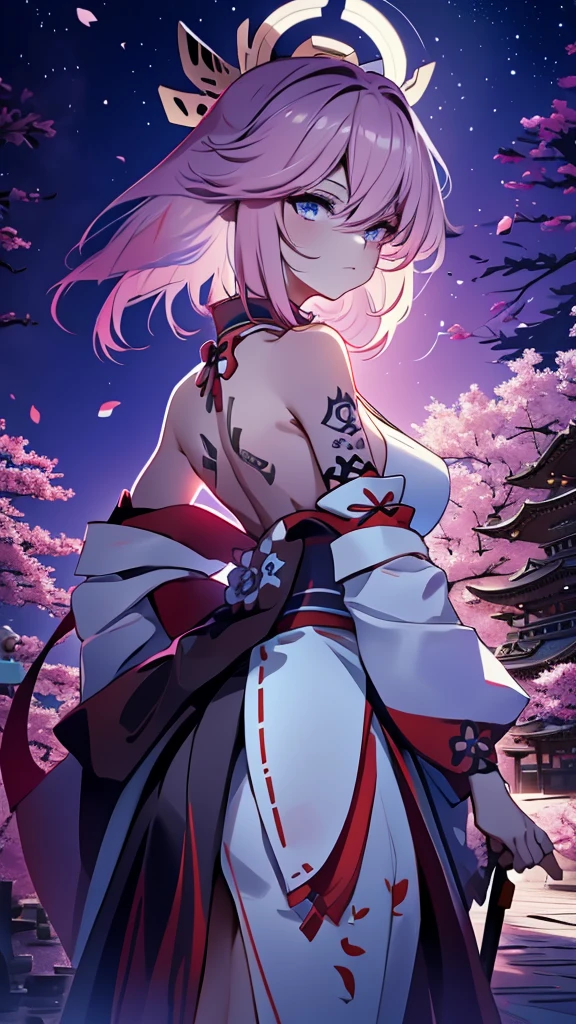samurai girl with short hair and tattooed back who is using two katanas, with dark hair, with a white outfit showing her shoulder. with the image of destroyed Japanese temples with blue fire as a backdrop. Blue night sky full of stars, with pink Japanese cherry tree leaves falling