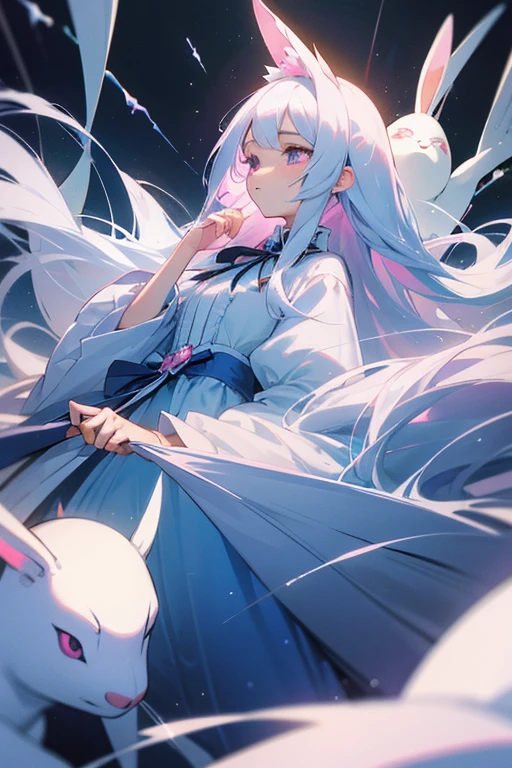 Long white hair straight。Young Girl。Lady。Droopy eyes and ephemeral appearance、Ice blue and pink odd eyes。A princess with the ability to control snow。spirit。sacred、beautiful、cute。Pitiful。　Lolita Dresses。She loves rabbits。