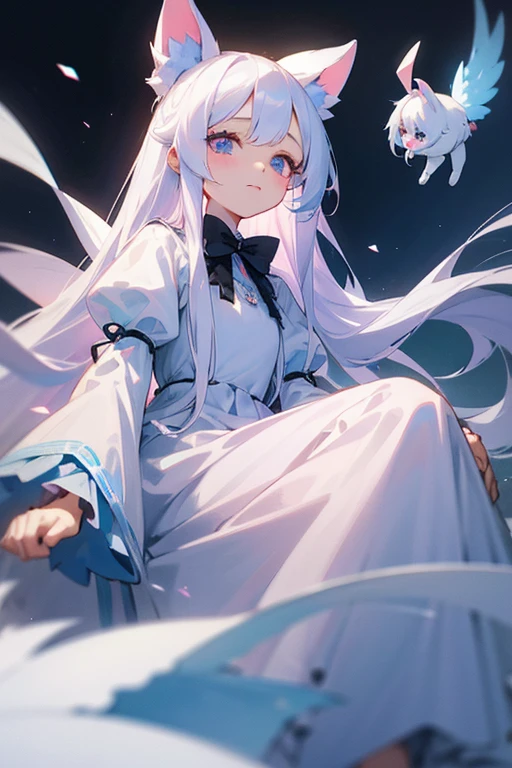 Long white hair straight。Young Girl。Lady。Droopy eyes and ephemeral appearance、Ice blue and pink odd eyes。A princess with the ability to control snow。spirit。sacred、beautiful、cute。Pitiful。　Lolita Dresses。She loves rabbits。