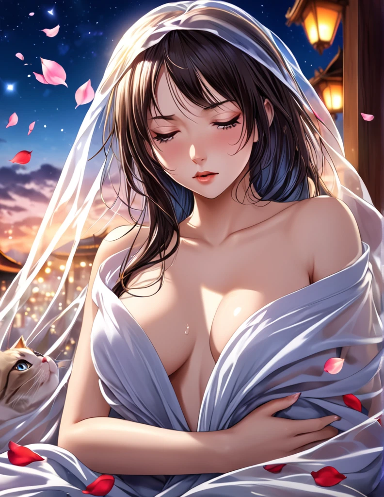 (Harem Manga style:1.2) , Hallucination, daydream , nightmare , Insane Dream , bokeh , erotica , romance , girl and realistic cat , Petals fluttering down , (Single eyelids, round nose, swollen cheeks) , glossy lips , Collarbone , Hair blowing in the wind , Goddess of lust , wrapped body by transparent blanket , hide crotch by cat , (close up cats faces)