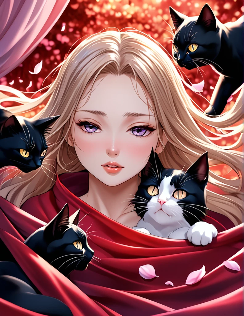 (Harem Manga style:1.2) , Hallucination, daydream , nightmare , Insane Dream , bokeh , erotica , romance ,  girl and realistic cat , Petals fluttering down , (Single eyelids, round nose, swollen cheeks) , glossy lips , Collarbone , Hair blowing in the wind , Goddess of lust , wrapped body by transparent blanket , hide crotch by cat , (close up cats faces)