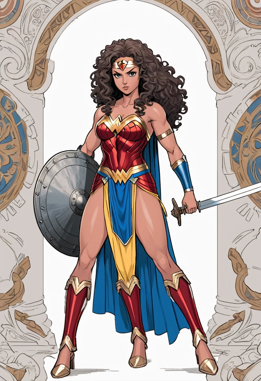Vector Art, smooth line art, graphic design aesthetics, ultra realistic, flat illustration, (masterpiece, best quality, perfect composition, very aesthetic, ultra detailed, intricate details, Professional, official art, line art Wonder Women, dressed for combat, with long naturally curly hair, Nubian warrior with sword and shield, full body, no words, realistic photo, white background, black and white drawing, coloring book, clean line art, (wonder women, no shading, girl with a sword Representative work: 1.3). behind image, different shapes fill the entire page