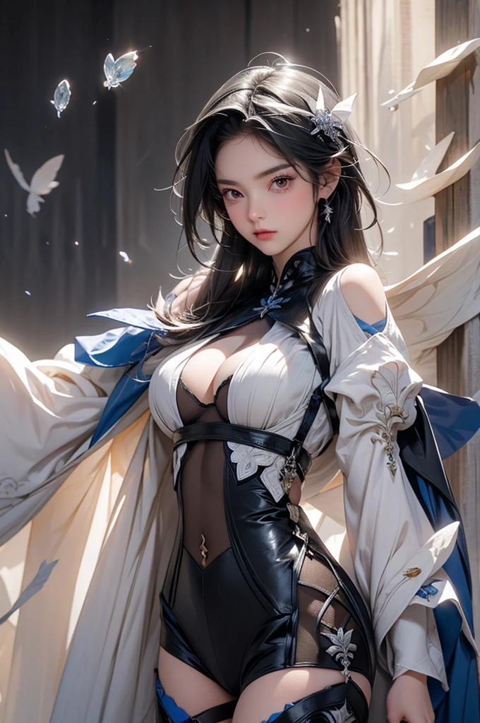 ((euladef)):1.5,((masterpiece,Highest quality,Highly detailed images,Beautiful images))1.4（Huge crystal in the background、Overall dim lighting、Backlight、A fantastic atmosphere、Thick Fog、Dust flutters)1.3,(Close-up image of eula)1.1、（Beautiful cleavage、Exposing cleavage）Mr.々A pose
