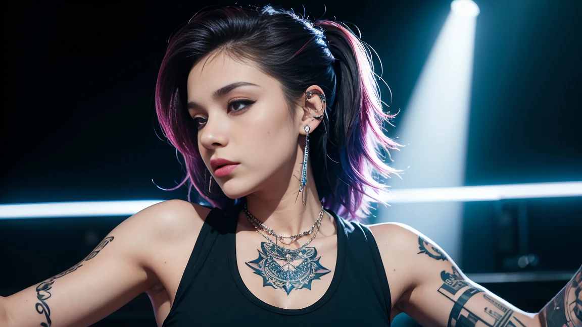 techno music, house music, dancing girls, DJ girl, realistic, high res, tank top, tattoos, piercing, brads, live music, class, Nightclub DJ, Dancing Inspired, Looking at Camera, Wide shooting, cinema lens, skin glowing, Hang the headphones from her neck, Breasts swaying to the beat