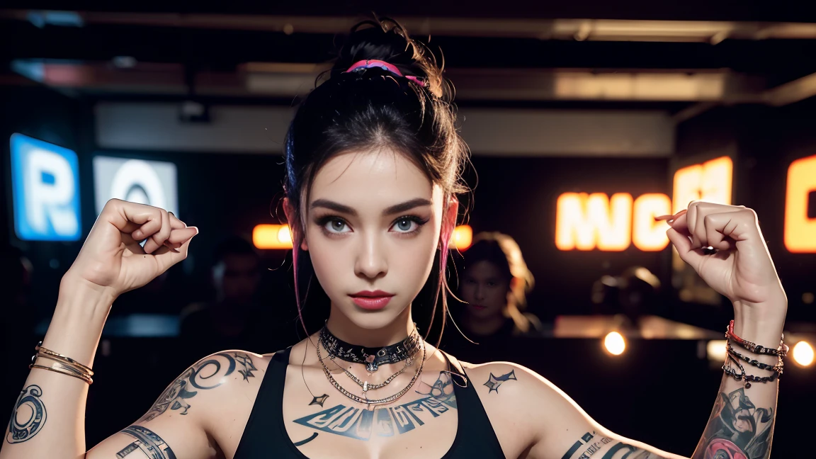 techno music, house music, dancing girls, DJ girl, realistic, high res, tank top, tattoos, piercing, brads, live music, class, Nightclub DJ, Dancing Inspired, Looking at Camera, Wide shooting, cinema lens, skin glowing, Hang the headphones from her neck, ??????? swaying to the beat