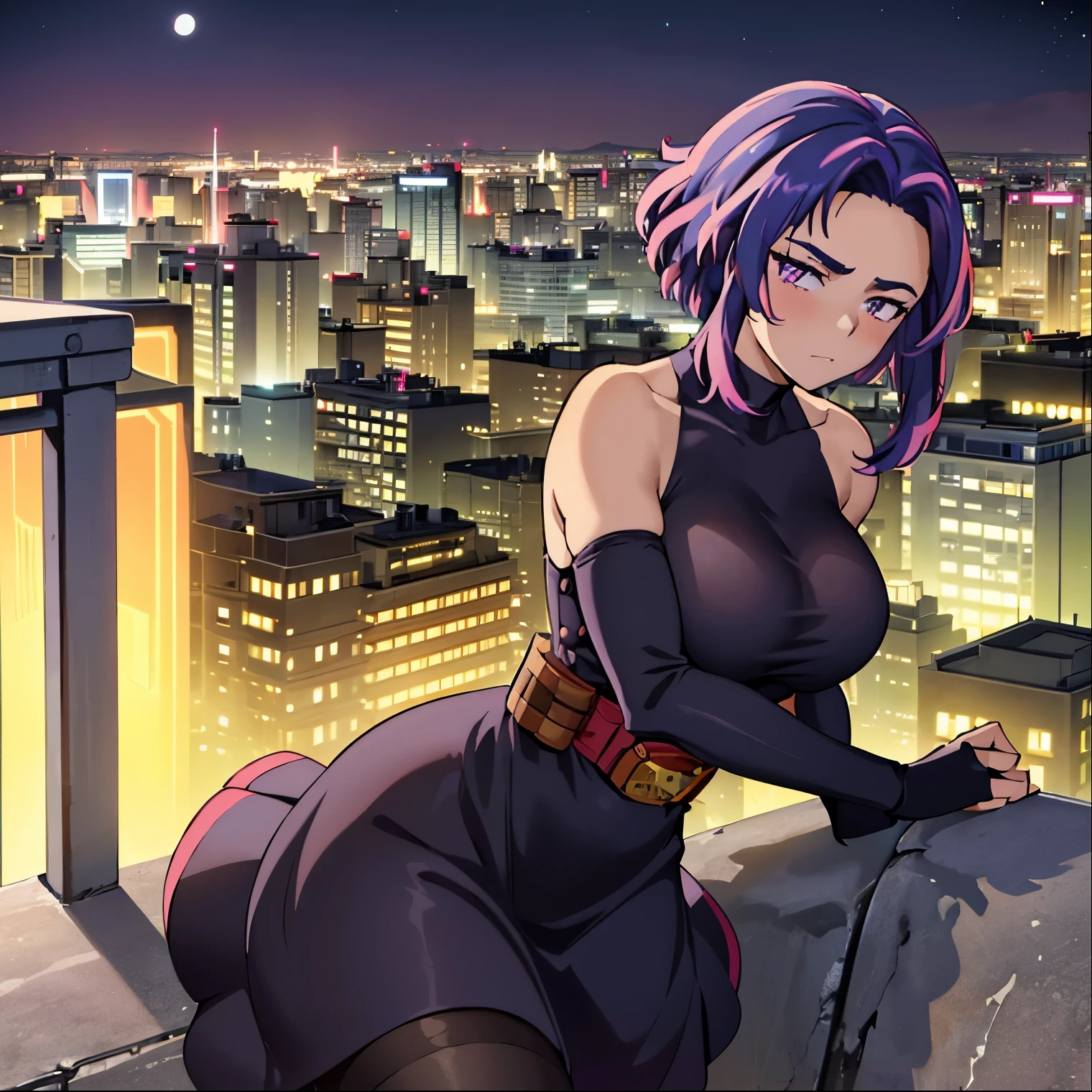 1 girl, alone, lady nagant, (masterpiece, best quality, ultra detailed, beautiful illustration), atmospheric perspective, depth of field, dynamic pose, curvy body, looking at viewer, beautiful detailed eyes, anime eyes: 1.4, ( cowboy shot), sexy body, (outdoor, night, giant moon, tokyo, metropolis), 1 girl, neutral expression, mature woman, (huge breasts, medium waist, wide hips, medium thighs, round butt), Nagant , purple hair, purple eyes, multicolored hair, short hair, sleeveless, hair with highlights, pink hair, medium hair, bare shoulders, two-color hair, ((black dress)), sleeveless, bare back, (hands on waist : 1.2)), slight blush, (standing_arched back: 1.2), (wearing sweater: 1.2), (black stockings: 1.2), thighs, bright pupils, white pupils, bangs, front view, ((focus on breasts) ),pov(from the middle),(on top of an apartment:1.5, leaning on a railing:1.5, city view:1.5, city lights:1.5), perfect hands, perfect anatomy,