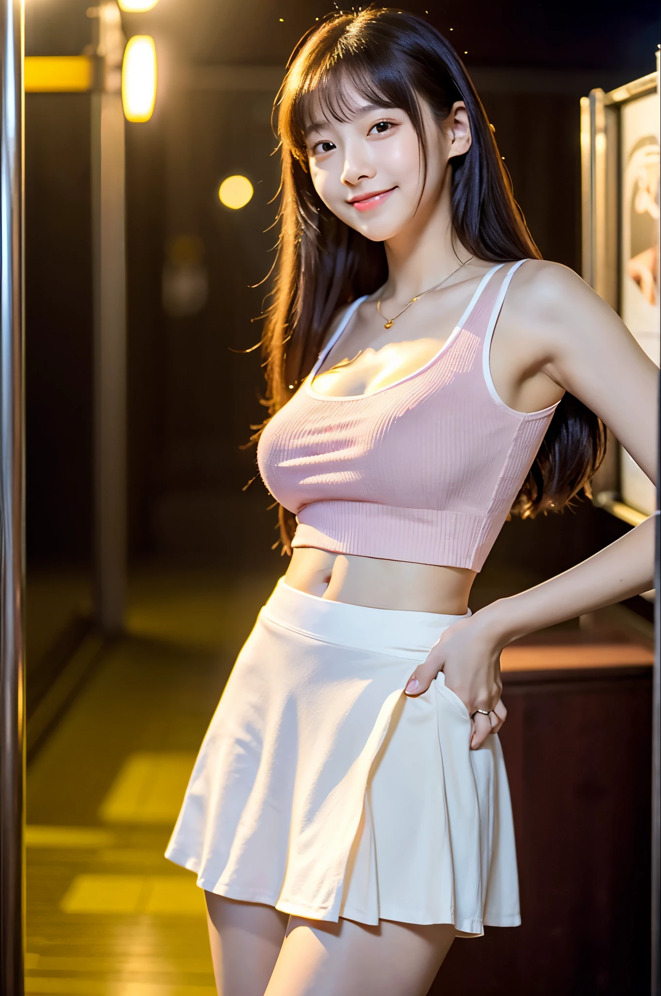 (((Roll up the skirt yourself)))、(((Lift your skirt yourself)))、(((Lifting her skirt to show her panties)))、A very cute face like an idol、Looks like a young face、20-year-old female、Gentle and cute、A kind smile、((In a blouse))、((Colored mini skirts))、(((White panties)))、(((whole bodyの姿)))、Cleavage、A crowded bar、Cinema lighting、Natural light、whole body、Artistic、RAW Photos、Genuine、High quality that is indistinguishable from real life、realism、Real Stick、High resolution、masterpiece