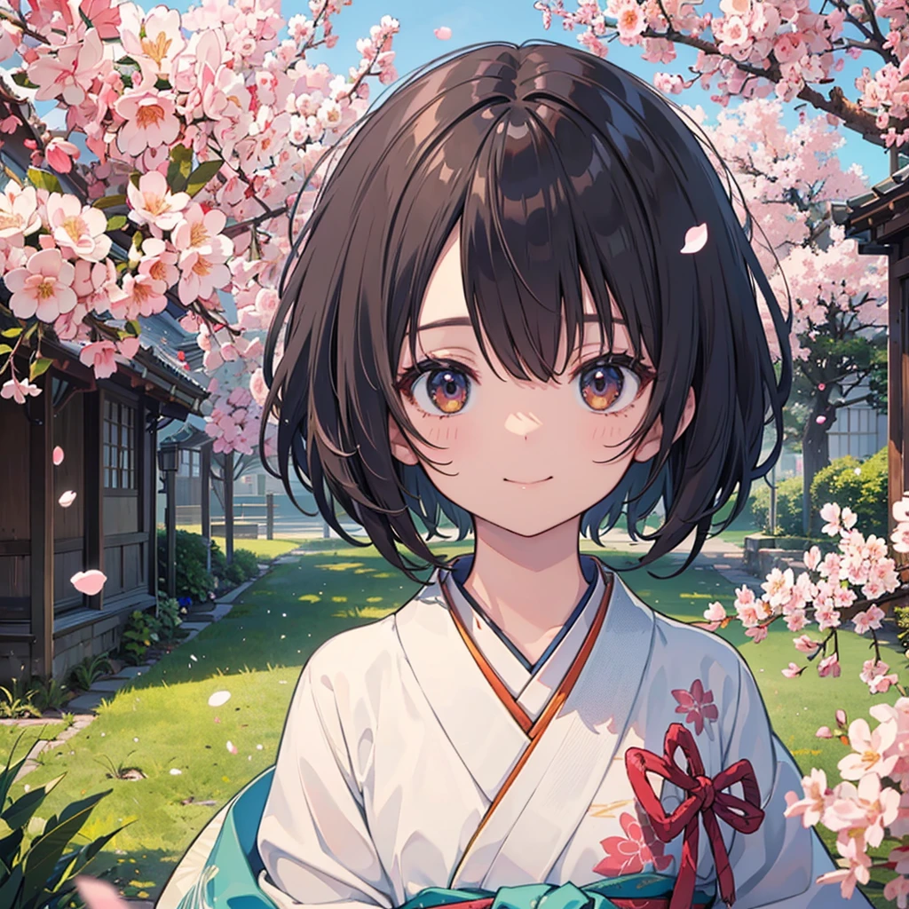 Official Art, wallpaper, Very detailed, (((Very detailedな目と顔))), shut your mouth, Warm smile,1 Girl,Arms hanging down,Medium shot,masterpiece, best quality, Realistic Portraits, (Zendispute, Mandala, dispute, Endispute), kimono, Very detailed, Dynamic Angle, The most beautiful form of chaos, elegant, Brutalist design, Vibrant colors, Romantic cherry blossoms,outdoor,Sunlight