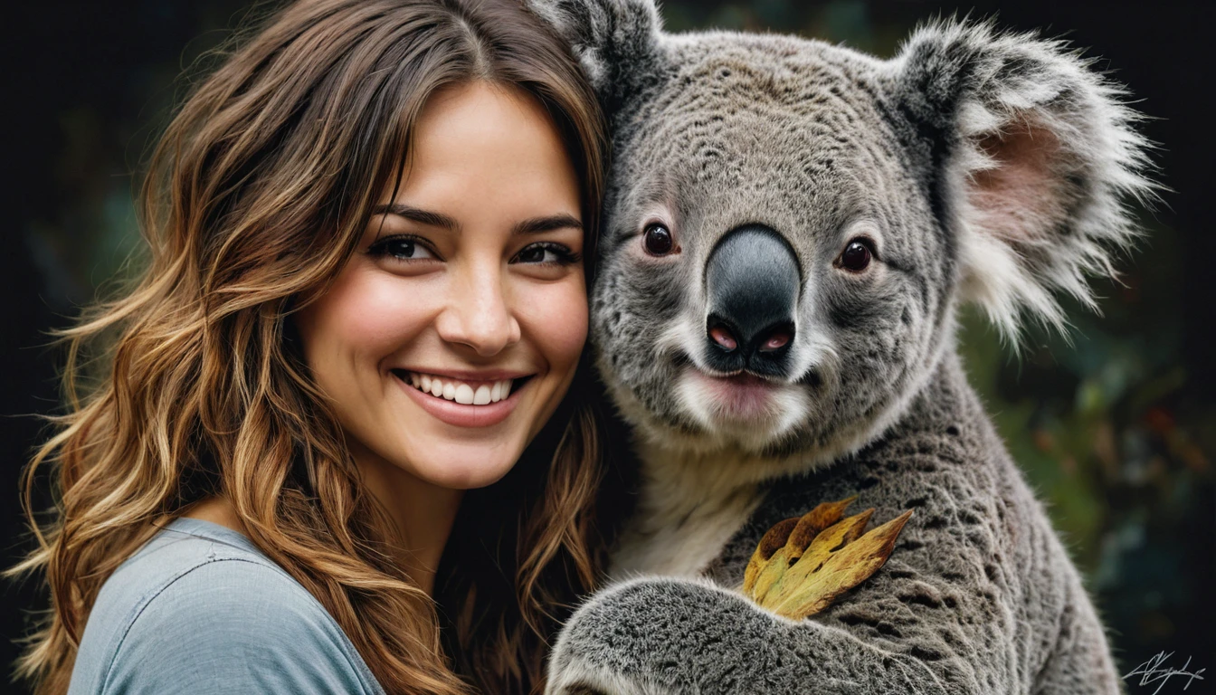 half body,
a woman smile with her best friend her koala,
dark complex background, style by Thomas Kinkade+David A. Hardy+Carne Griffiths+Mandy Disher half vivid colors fine art, best quality, high detailed, detailed faces, 2d,