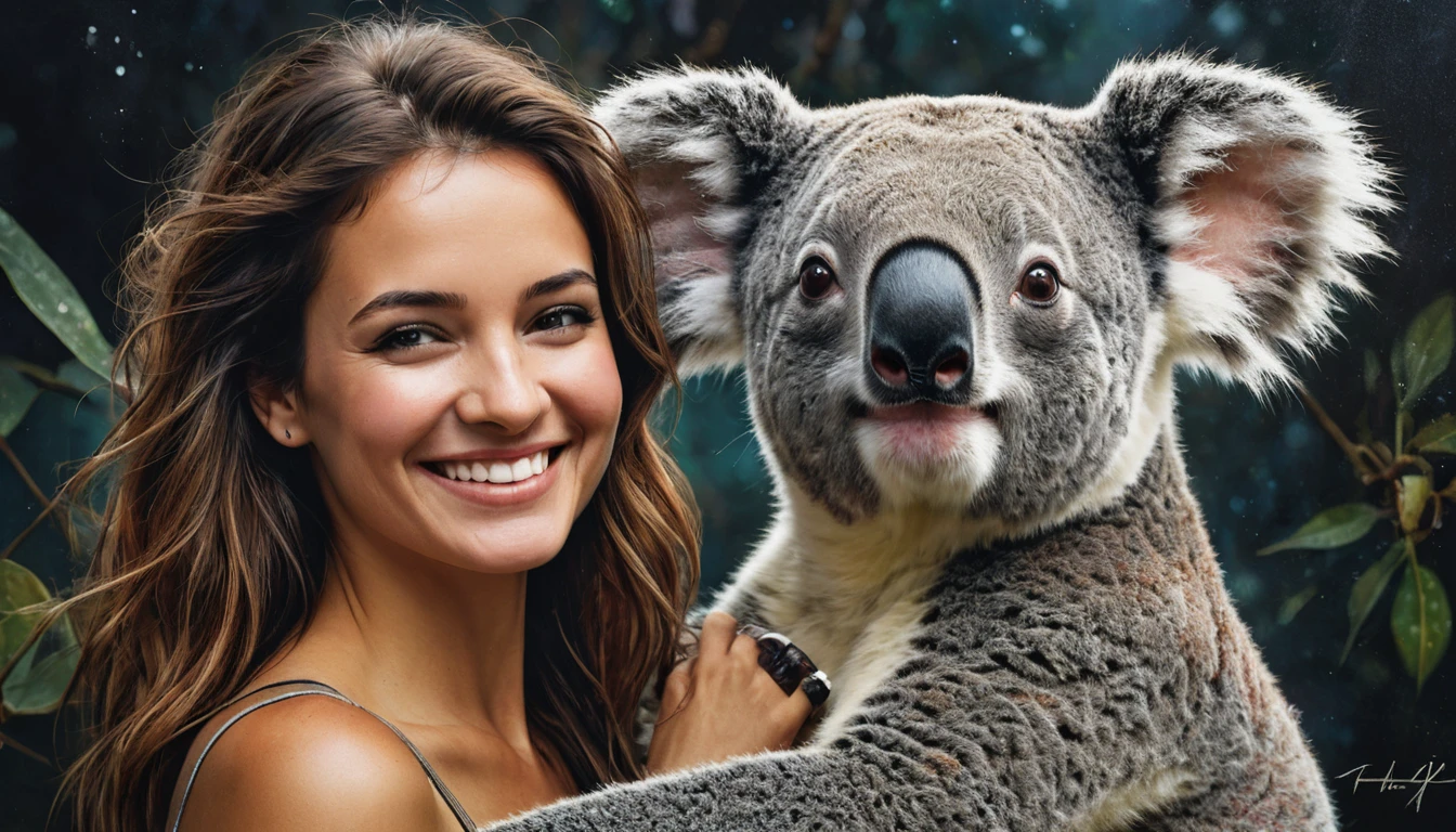 half  body,
a woman smile  with her best friend her koala,
dark complex background, style by Thomas Kinkade+David A. Hardy+Carne Griffiths+Mandy Disher half vivid colors fine art, best quality, high detailed, detailed faces, 2d,