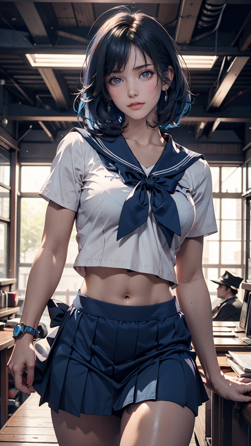 (masterpiece), (Highest quality), Realistic, Cinematic Light, Mizuno Ami, Sailor Mercury, stand, Battlefield Background, Perfect body, Blue Hair, uniform、Sexy proportions、Narrow waist、Sexy