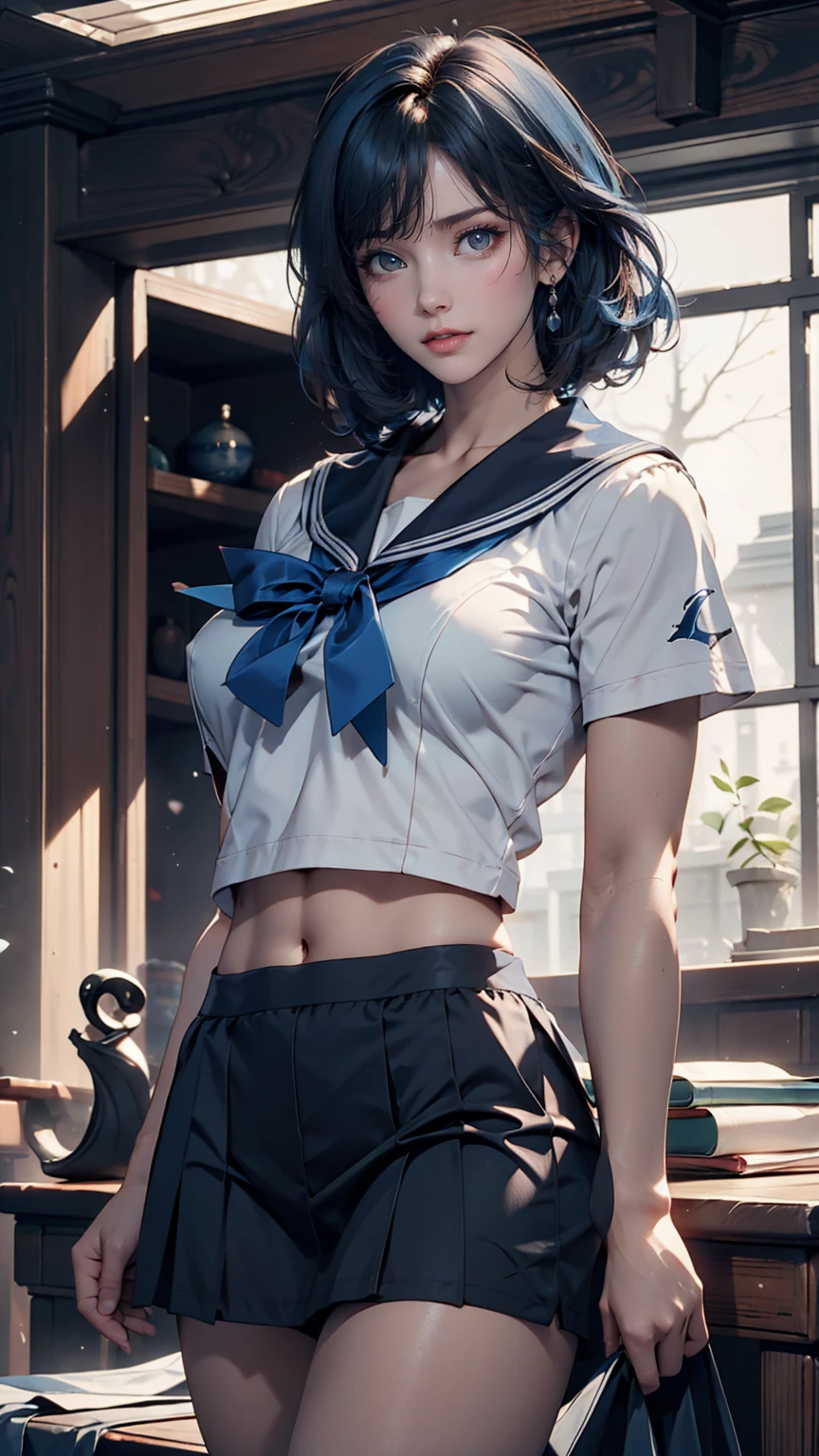 (masterpiece), (Highest quality), Realistic, Cinematic Light, Mizuno Ami, Sailor Mercury, stand, Battlefield Background, Perfect body, Blue Hair, uniform、Sexy proportions、Narrow waist、Sexy