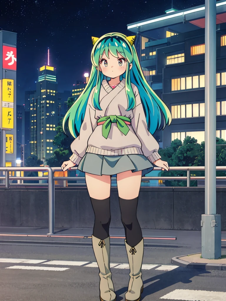 masterpiece, Highest quality, 1 Girl, Lum, happy, blush, Grey knit, Black Mini Skirt, Grey tights, boots,anime, From before, blush, Standing with hands clasped in front of the body, Embarrassed, Mature, 18-year-old, City of night, Gaze Here, High definition, Japan, Green Hair、From below、Focus on the feet