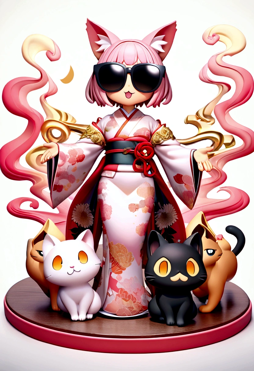 Perfect centering, Cute cat, Wear sunglasses, Wear a kimono, Cheerfulness, Standing position, Abstract Beauty, Centered, Looking into the camera, To the camera, Approaching perfection, dynamic, Very detailed, Smooth, Sharp focus, 8K, High resolution, figure, art:Carne Griffith、Vadim Kashin, White Background