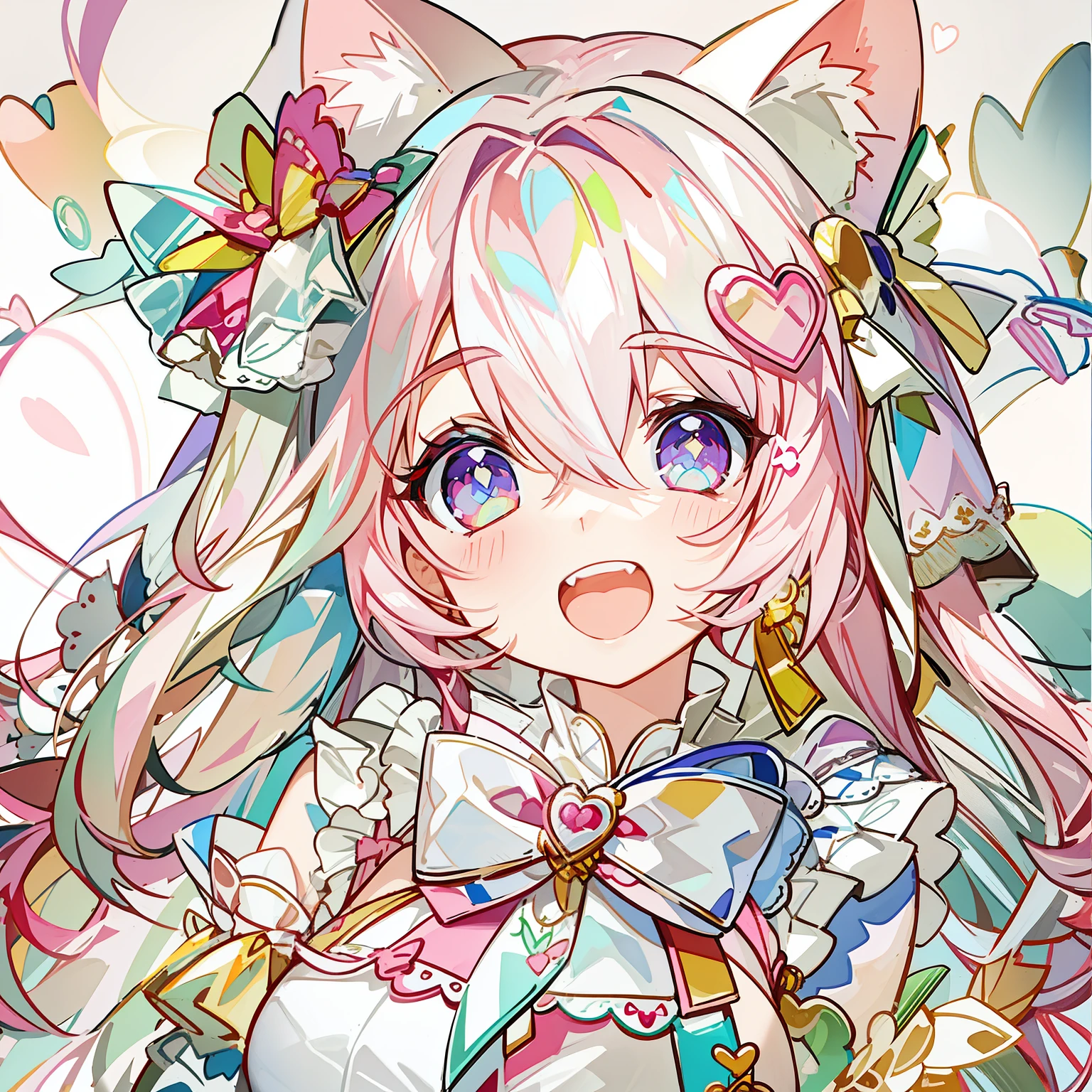 Masterpiece,Best quality, White background, (10:1girll), (10:One guy), Very long hair, White and pink hair , Love decoration , Multiple cyan and pink bows, White and pink pair of cat ears , Cyan eyes , Look straight ahead , love heart , Pink bow tie , White clothes , 5:Open mouth, 5:teeth