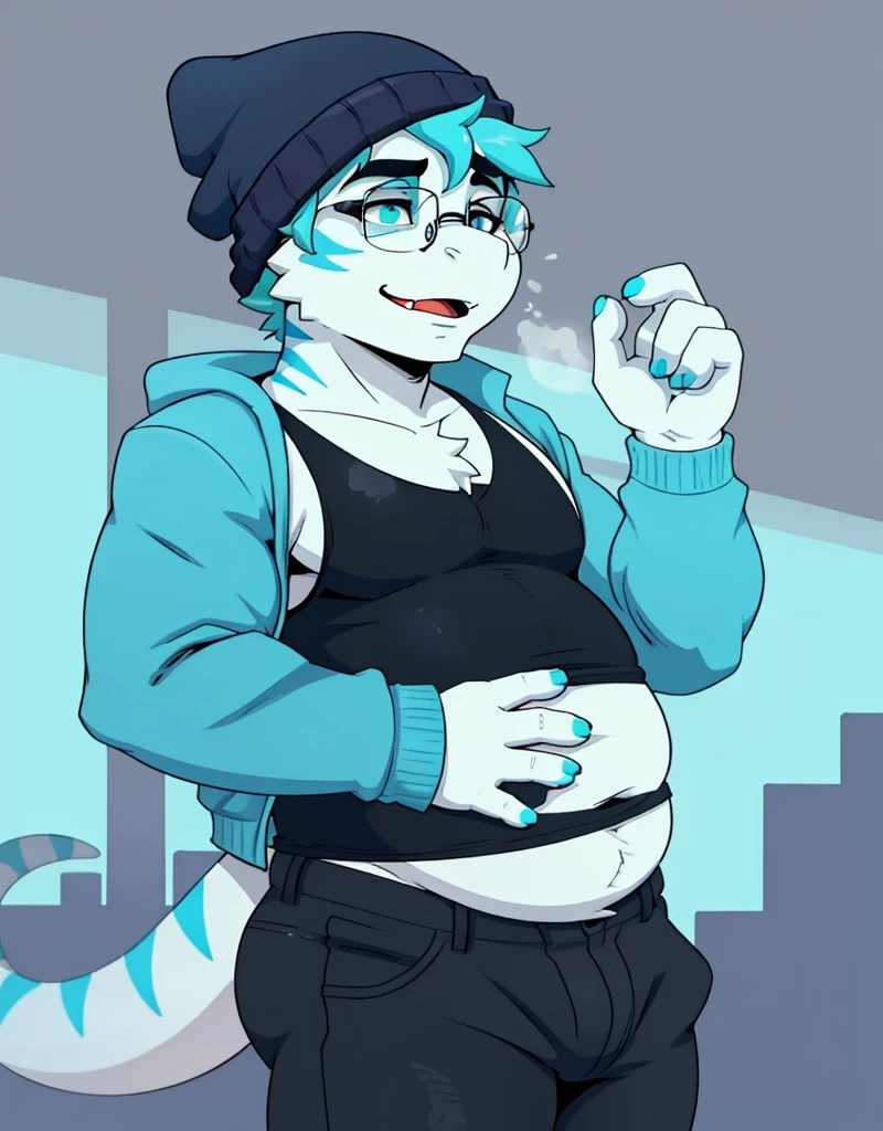 A male orange chubby anthropomorphic lizard with cyan stripes wearing, a blue jacket, glasses, black jeans, a white tanktop, and a blue beanie, waveing, solo