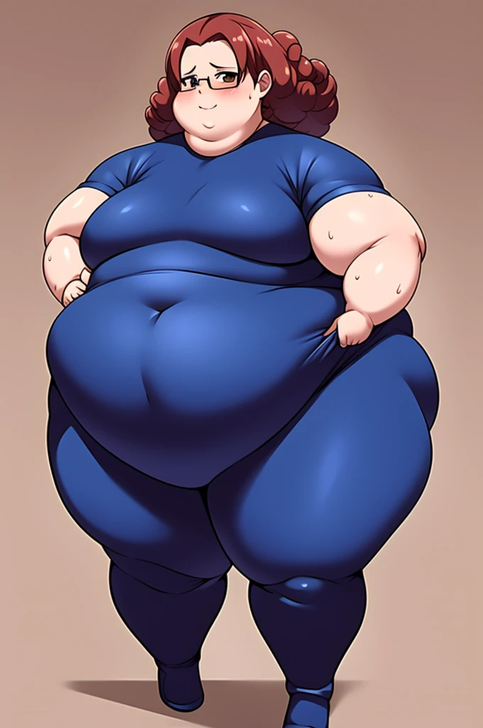 Anime Women, Lady、Forehead、Afro、Curly hair、Glasses、Brown eyes、Are fat、Chubby、Voluptuous、obesity、Double chin、Cheek、Fat-covered neck、Big Breasts、Saggy breasts、Thick upper arms、Fat Belly、Unitard、Bodysuit、Gloss、Sweat、blush、Run