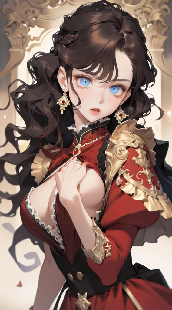 one-girl,vivid eyes,golden hair,Wavy curly hair,Red pop dress,conservativelydressed,Red earrings,beautiful hair ornaments,𝓡𝓸𝓶𝓪𝓷𝓽𝓲𝓬,ellegance,young,Pop,Hyper-Resolution,accuracy,detail render,(Delicate facial portrayal)(Fine black hair portrayal)(highest quality)(Master masterpieces)(High degree of completion)(a sense of atmosphere)tmasterpiece,ultra - detailed(half-body portrait)
