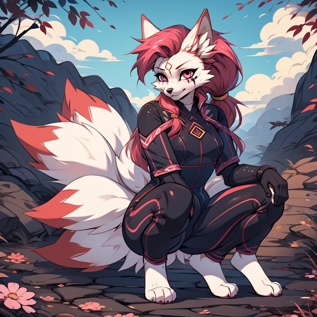 kimiko, bodysuit, multi tail, multiple tails, fox girl
white body, fur, pink and red hair, pink eyes
facial mark,  tattoo, eye scar, tied hair, ponytail, by fumiko, by hyattlen, flat colors, she is squatting, outdoors, 