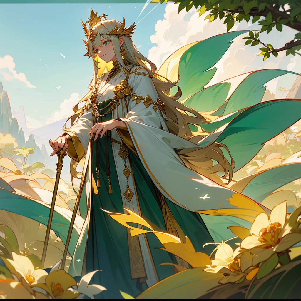To represent Elysia, the goddess of life and creator of the world of Eternia, I propose an image that captures his divinity and his connection with creation and life.. Here is a description to guide the creation of the image:

**Image Description:**
- **Elysia&#39;s appearance:** An ethereal and majestic woman with a radiant and serene beauty. His skin is brown with golden veins.. green eyes.
- **Clothing:** Dressed in a fluid and elegant robe that seems to be made of light and nature, with green tones, gold and white.
- **Hair:** long and wavy, of a gold or silver color that reflects light, with intertwined flowers and leaves.
- **Divine Attributes:** A crown of flowers and branches on her head, and a scepter or staff adorned with gems and symbols of life.
- **Around:** A paradisiacal landscape that symbolizes the creation of Eternia. crystalline rivers, leafy trees, majestic mountains and clear skies.
- **Additional items:** Animals like deer, birds and butterflies that surround it, showing its connection with all life.