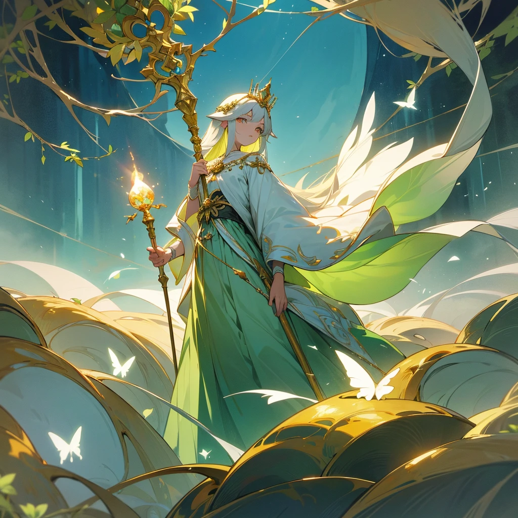 To represent Elysia, the goddess of life and creator of the world of Eternia, I propose an image that captures his divinity and his connection with creation and life.. Here is a description to guide the creation of the image:

**Image Description:**
- **Elysia&#39;s appearance:** An ethereal and majestic woman with a radiant and serene beauty. His skin is brown with golden veins.. green eyes.
- **Clothing:** Dressed in a fluid and elegant robe that seems to be made of light and nature, with green tones, gold and white.
- **Hair:** long and wavy, of a gold or silver color that reflects light, with intertwined flowers and leaves.
- **Divine Attributes:** A crown of flowers and branches on her head, and a scepter or staff adorned with gems and symbols of life.
- **Around:** A paradisiacal landscape that symbolizes the creation of Eternia. crystalline rivers, leafy trees, majestic mountains and clear skies.
- **Additional items:** Animals like deer, birds and butterflies that surround it, showing its connection with all life.