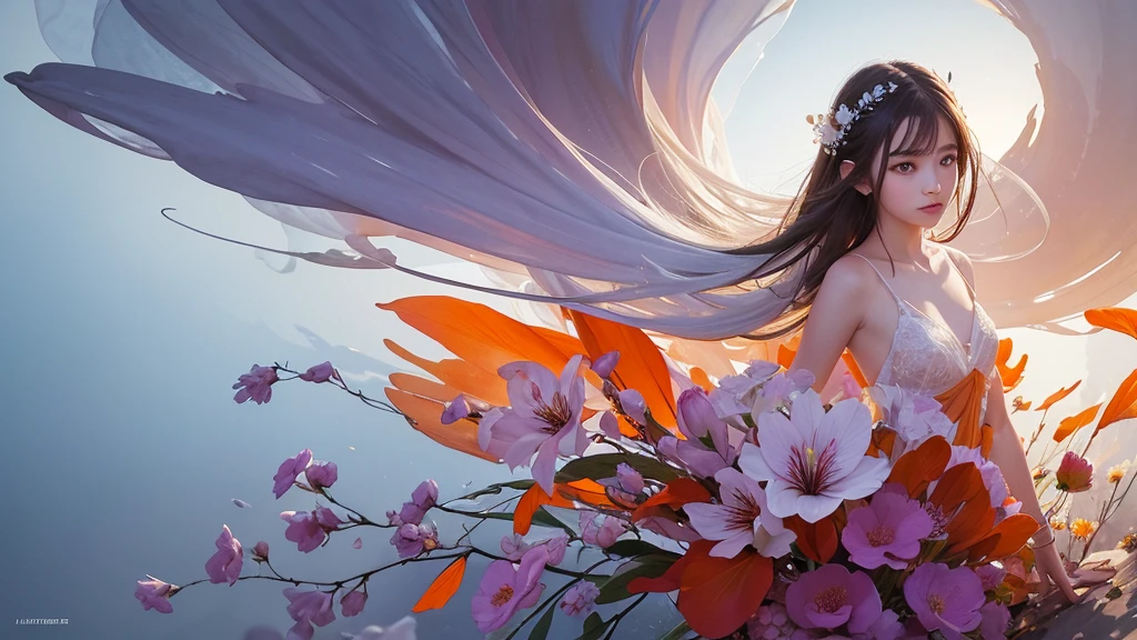 32k, Masterpiece, Highest quality, One girl, Detailed eyes, flower,Alstroemeria, White and orange style,A dreamy, romantic piece,Pale purple, Mysterious Leaves,A playful arrangement,Fantasy,High Contrast,Ink strokes,explosion,Exposure, Impression of white and orange tones,Abstract,((Watercolours by John Berkey and Jeremy Mann )) Brush strokes,Negative Space, Tyndall effect,