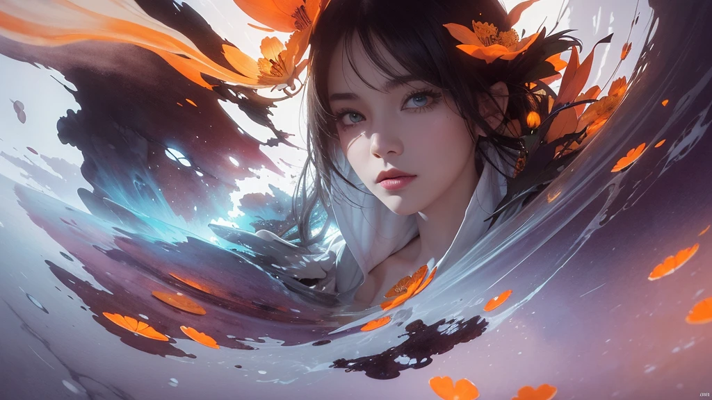 32k, Masterpiece, Highest quality, One girl, Detailed eyes, flower,Alstroemeria, White and orange style,A dreamy, romantic piece,Pale purple, Mysterious Leaves,A playful arrangement,Fantasy,High Contrast,Ink strokes,explosion,Exposure, Impression of white and orange tones,Abstract,((Watercolours by John Berkey and Jeremy Mann )) Brush strokes,Negative Space, Tyndall effect,