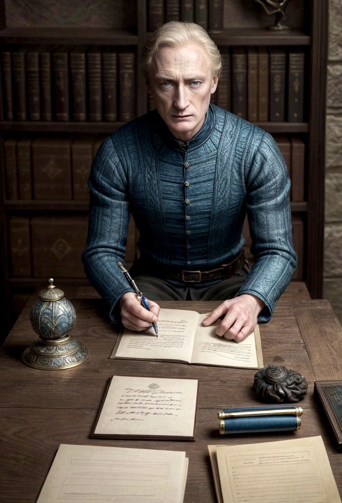 A meticulously organized desk with documents and a quill pen, while a 17 year old boy writes a letter,Game of Thrones,boy is tall and has short hair, blue colored eyes, dark expression, usa pretoe dourado, famously portrayed by Charles Dance, mascle