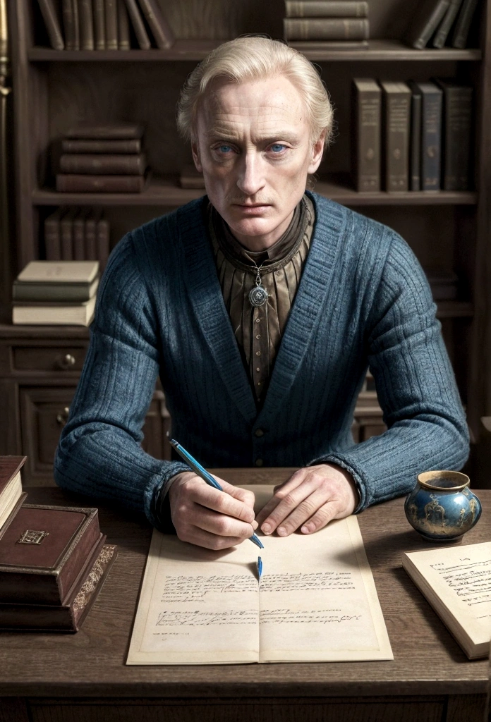 A meticulously organized desk with documents and a quill pen, while a 17 year old boy writes a letter,Game of Thrones,boy is tall and has short hair, blue colored eyes, dark expression, usa pretoe dourado, famously portrayed by Charles Dance, mascle