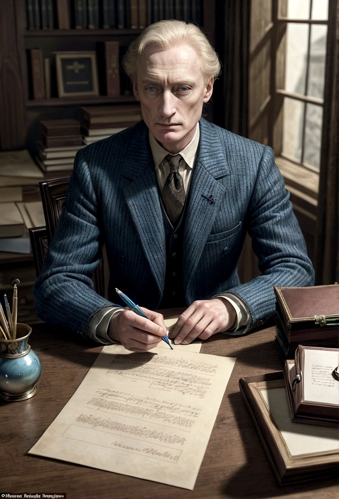 A meticulously organized desk with documents and a quill pen, while a 17 year old boy writes a letter,Game of Thrones,boy is tall and has short hair, blue colored eyes, dark expression, usa pretoe dourado, famously portrayed by Charles Dance, mascle