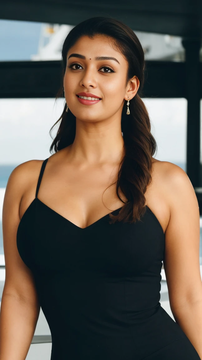 Extreme close-up of 30-year-old Nayanthara from above, Hourglass figure, sagging breasts, deep neckline, curvy, Armpits,  eyes, Looking at the viewer and subtle smile, Posing on the ship deck in the crystal clear sea, 项链, Red lips, humid, pony tail, 4K, HD, armpit pose, hair show in underarm, black mole in underarm 