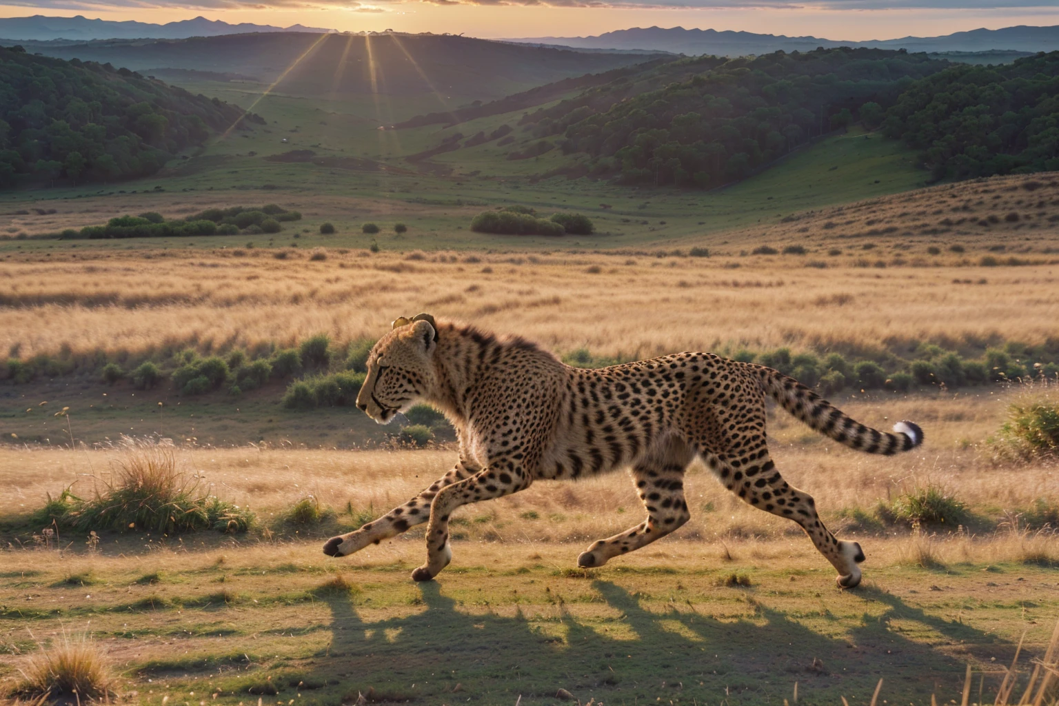 (best quality,4k,8k,highres,masterpiece:1.2),ultra-detailed,(realistic,photorealistic,photo-realistic:1.37),cheetah,muscular defined body,sharp intense eyes,running across grassland,sunset rays,high-speed motion blur,wildlife photography,rich details,HD quality,3D rendering,vivid colors,studio lighting
